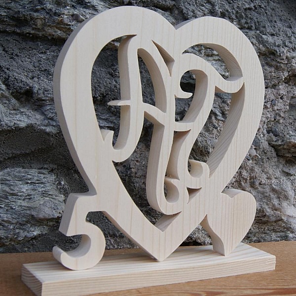 Coeur noce de bois, 5 ans de mariage, initiales personnalis&eacute;es, id&eacute;e cadeau noces de bois