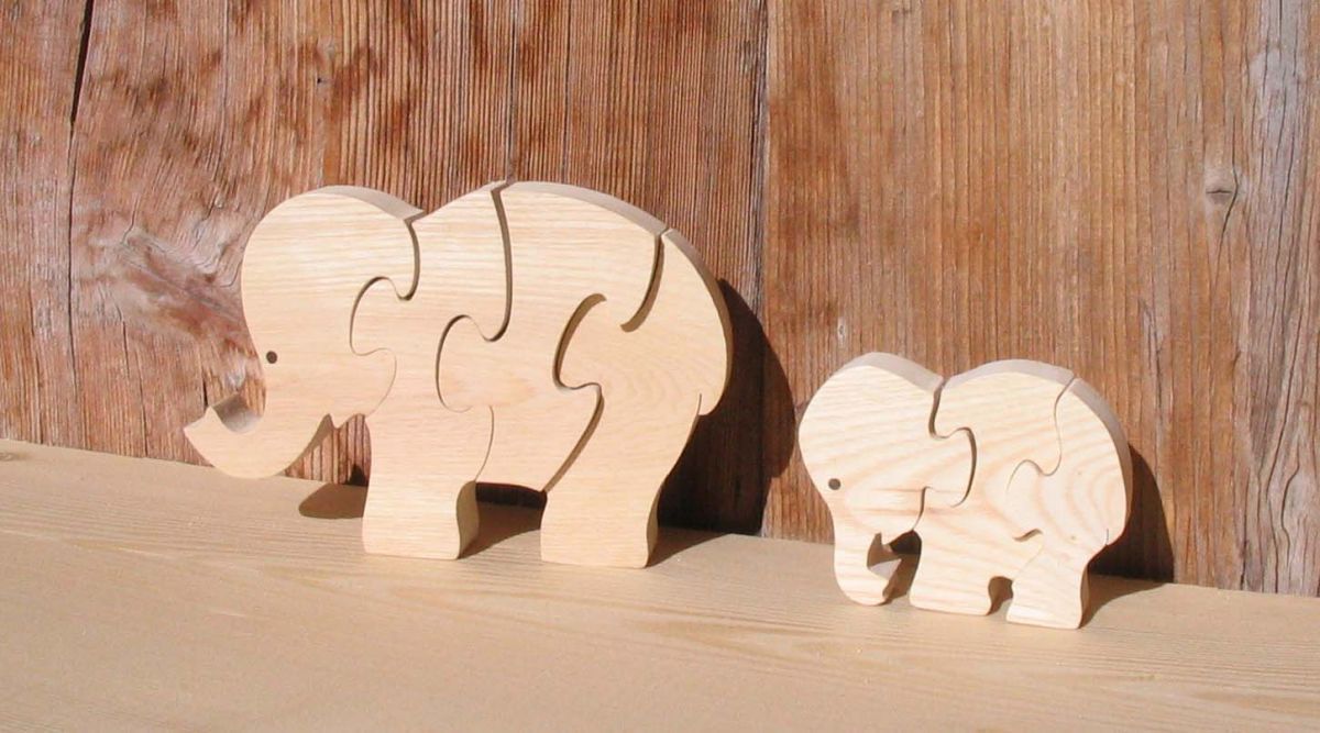 Holzpuzzle 3-teilig Elefant Hetre massiv, handgefertigt, Tiere Savanne